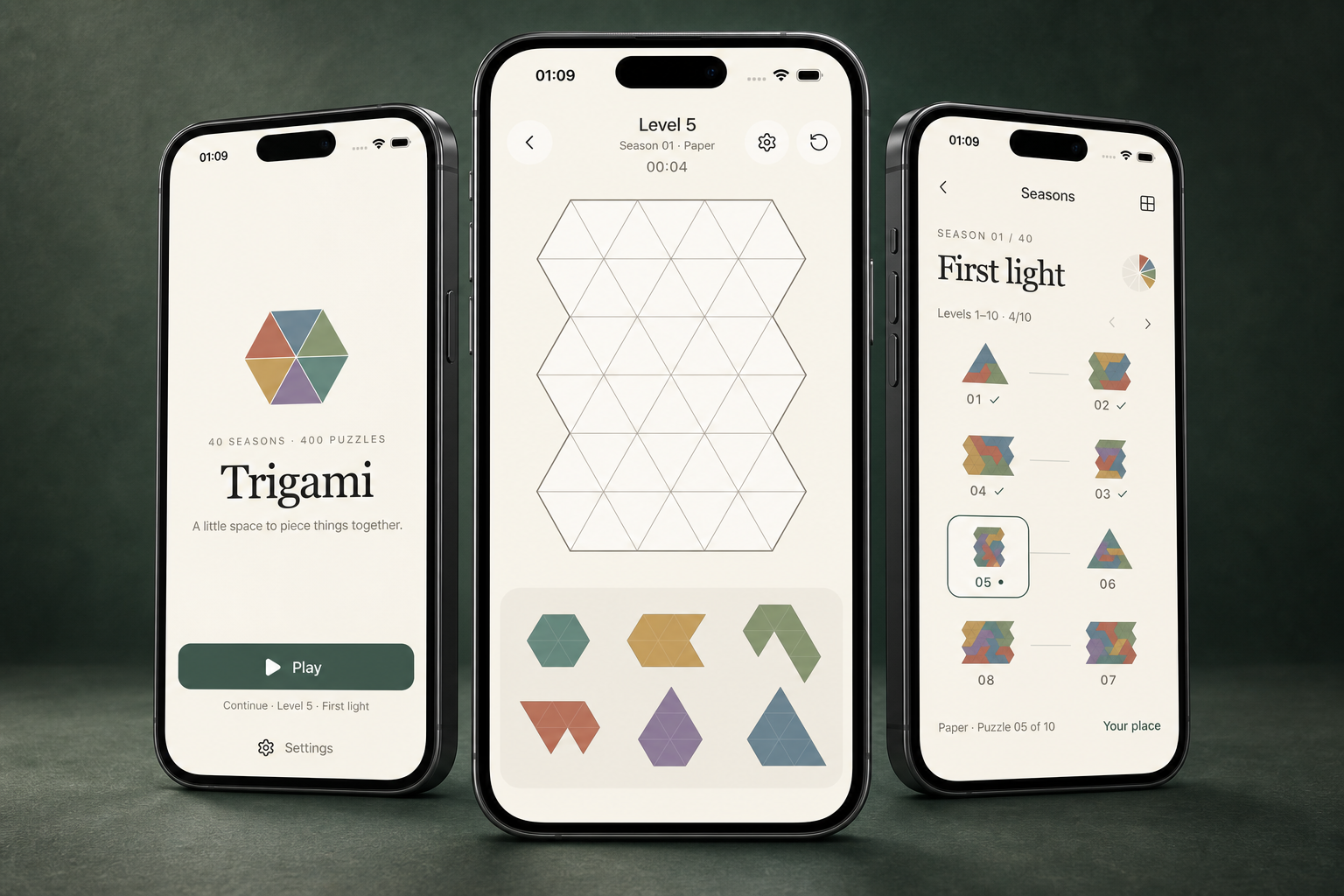 Trigami menu, triangle puzzle, and season map shown on three phones